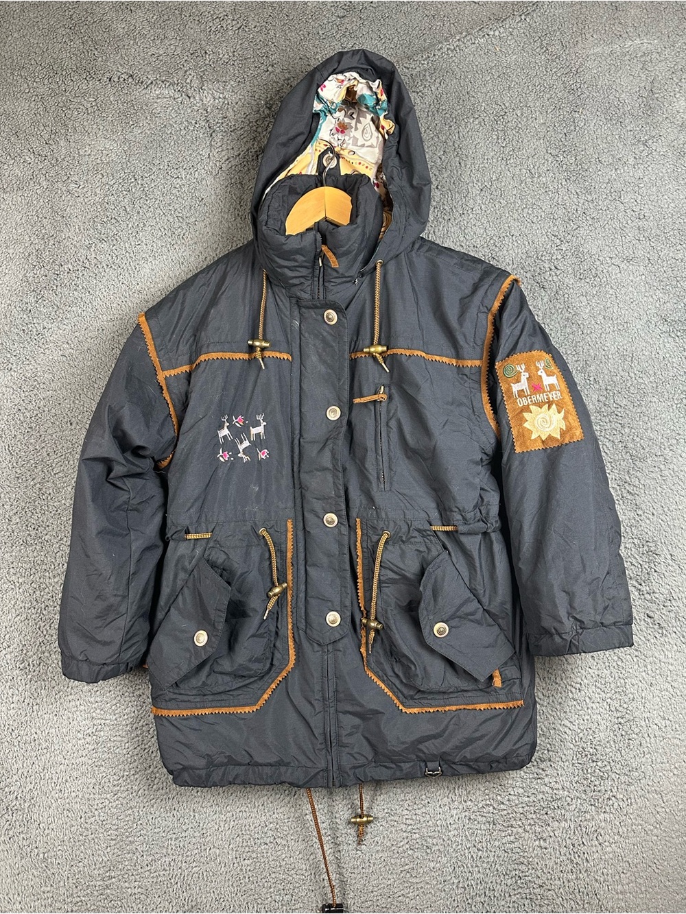 Vintage Obermeyer Kids Ski Jacket Black Reindeer Embroidered Parka Juniors 12